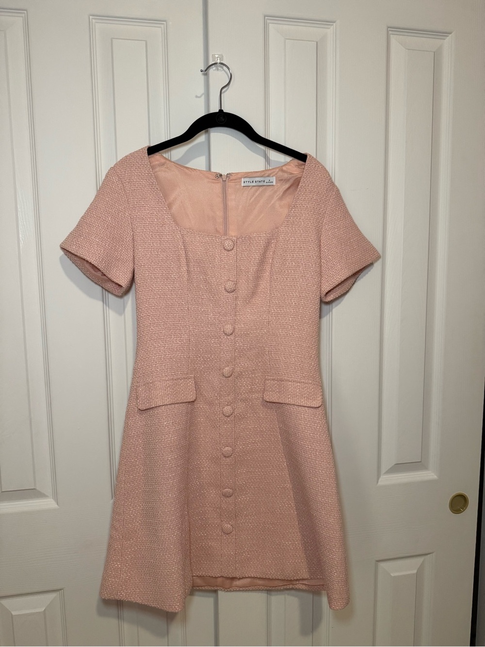 Style State Pink Tweed Short Sleeve Button Front Dress